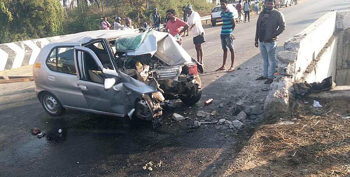 The car involved in the crash near Kudur on Tuesday morning.