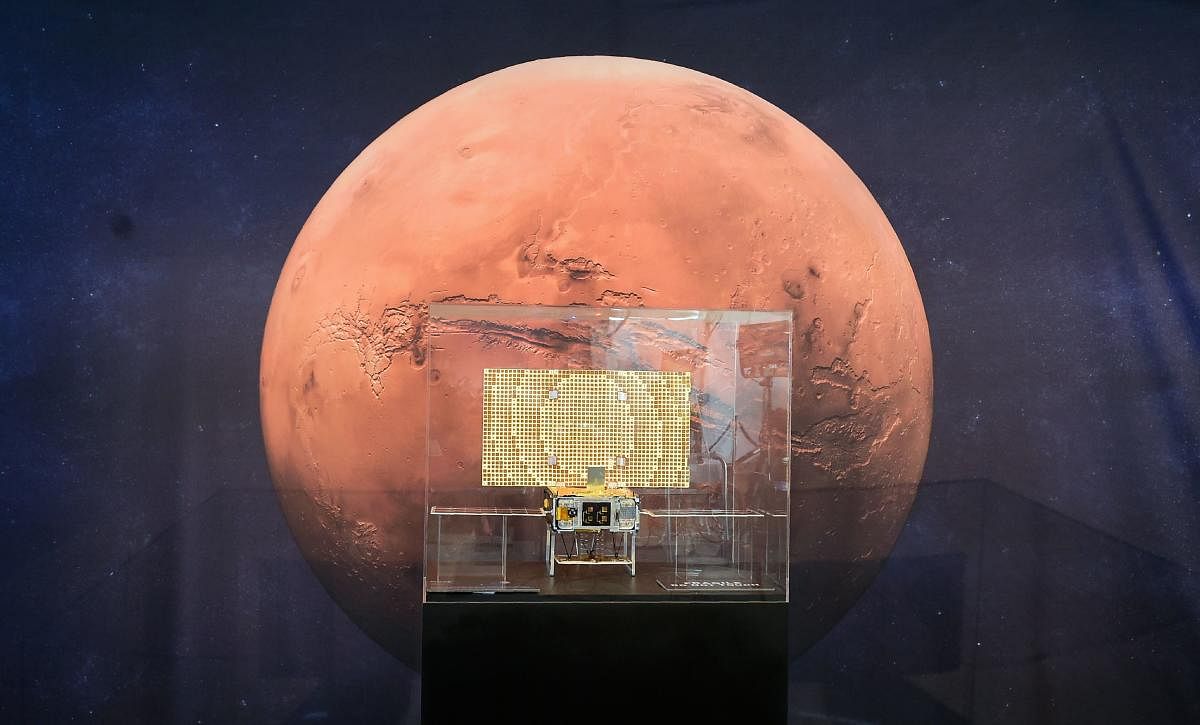 The MarCo, one of two CubeSats launched and following the InSight, marking the first time this kind of spacecraft has flown into deep space, is on display at the NASA Jet Propulsion Laboratory (JPL) in Pasadena, California on November 26, 2018 as exciteme