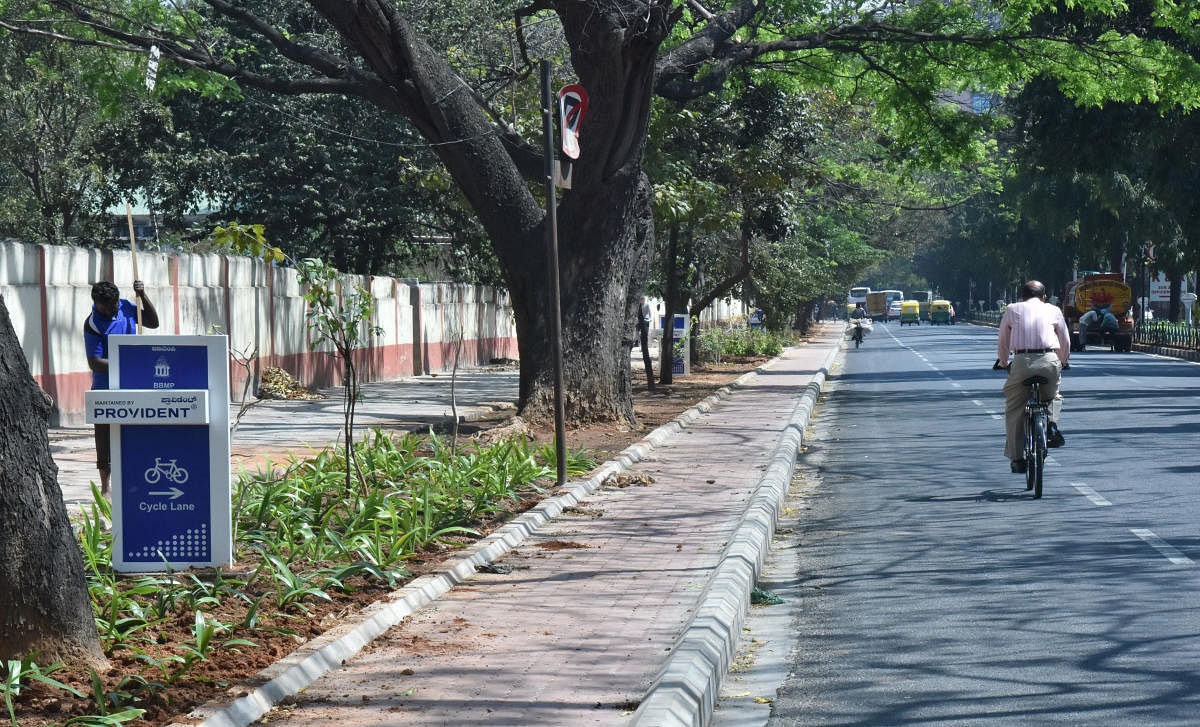 The dedicated cycle lane on Cubbon Road. DH PHOTO/JANARDHAN B K