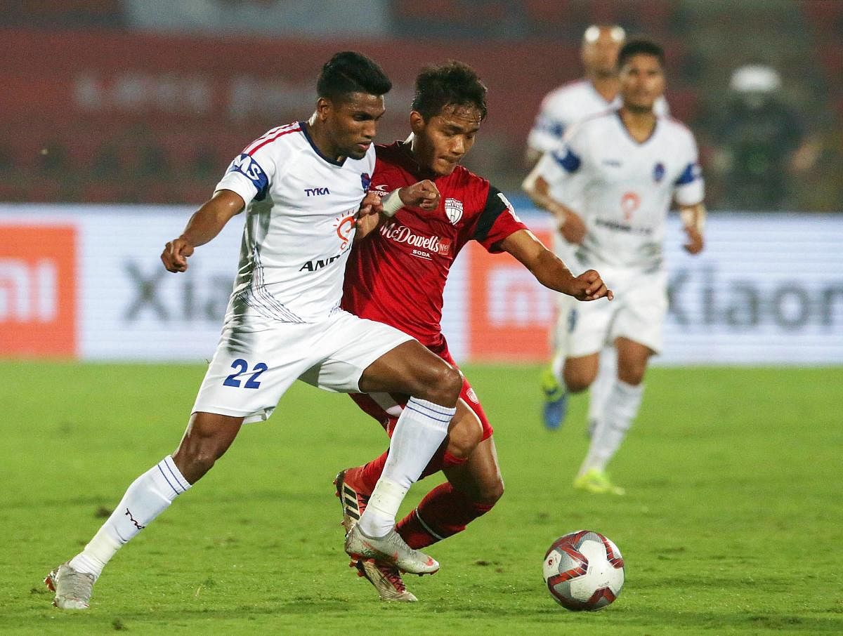 A slice of action from the ISL game between NorthEast United and Delhi Dynamos in the Indian Super League on Thursday. PTI