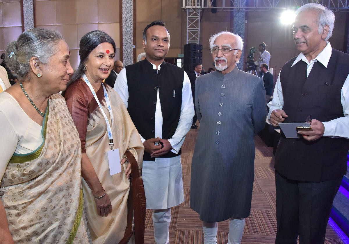 Former Governor of Rajasthan Margaret Alva, CPM leader Brinda Karat, Social Welfare Minister Priyank Kharge, former Vice President of India Mohammad Hamid Ansari and RSS idealogue Sehadri Chari at the Conversations of the Constitution in Bengaluru on Tues