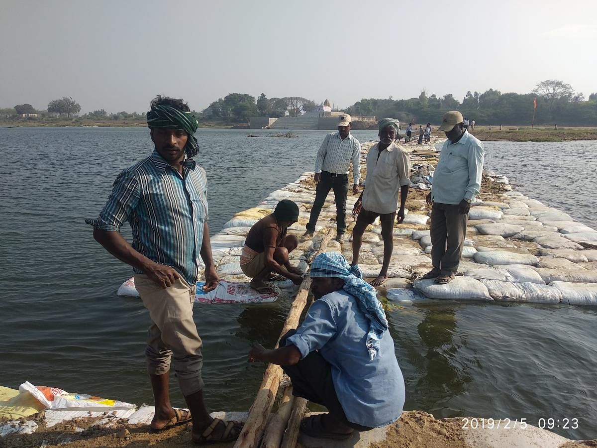 Workers lay the connecting bridge to the island at Triveni Sangama, in T Narsipur, Mysuru district, for the 11th Kumbha Mela.