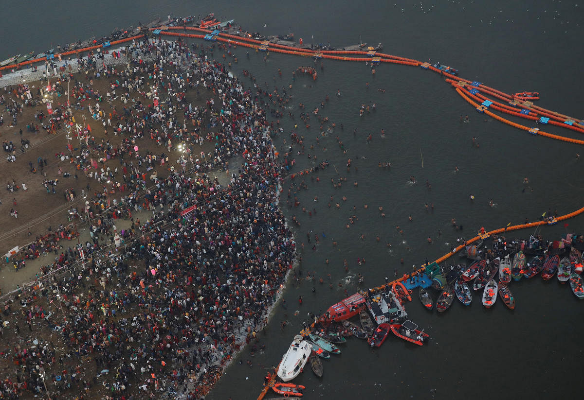 An aerial view of the devotees gathered to take a holy dip during the second "Shahi Snan" (grand bath) at "Kumbh Mela" in Allahabad. (REUTERS)