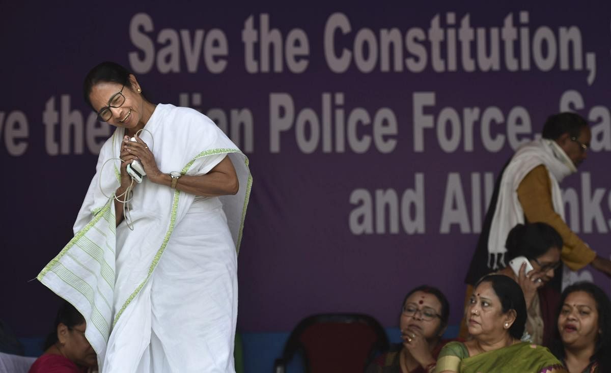 West Bengal Chief Minister Mamata Banerjee during the dharna over the CBI's attempt to question the Kolkata Police commissioner in connection with chit fund scams, in Kolkata. PTI