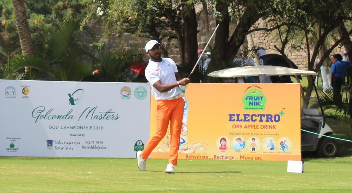 S Chikkarangappa tees off during the final round of the Golconda Masters on Saturday. 