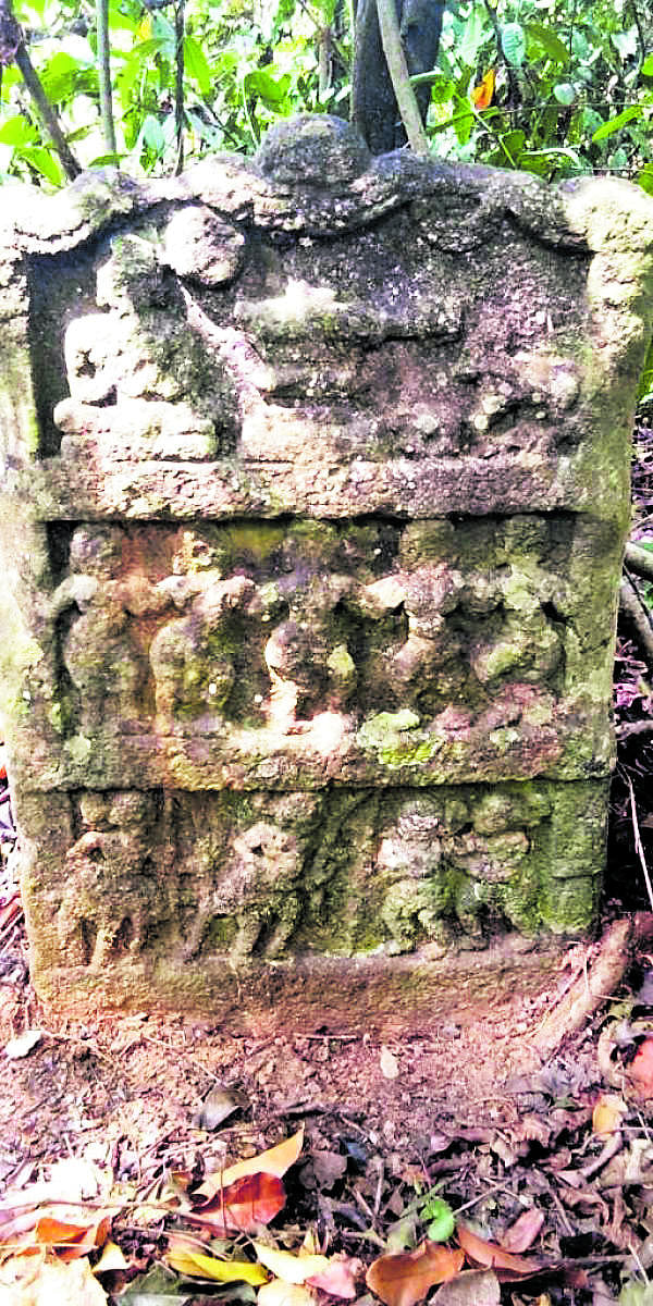 The heroic stone, dating back to the 16th century, found in Hosagaddebayalu of Tuluvinakoppa village in Balehonnuron Saturday.