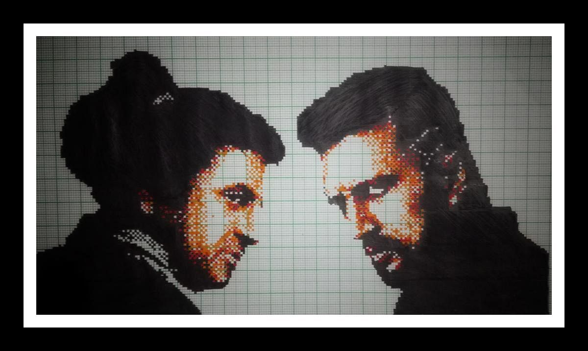 Pixel painting of Shivarajkumar and Sudeep from the film ‘The Villian’.