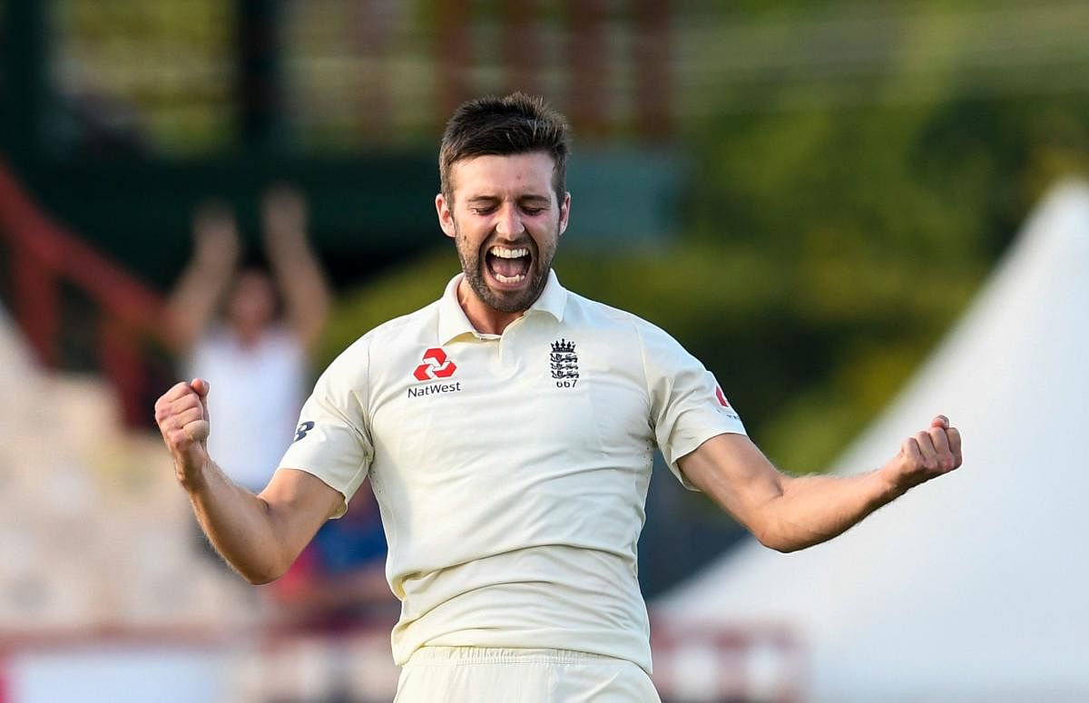 PUMPED UP: Mark Wood of England celebrates the dismissal of Shannon Gabriel of West Indies during the second day of the third Test on Sunday. AFP