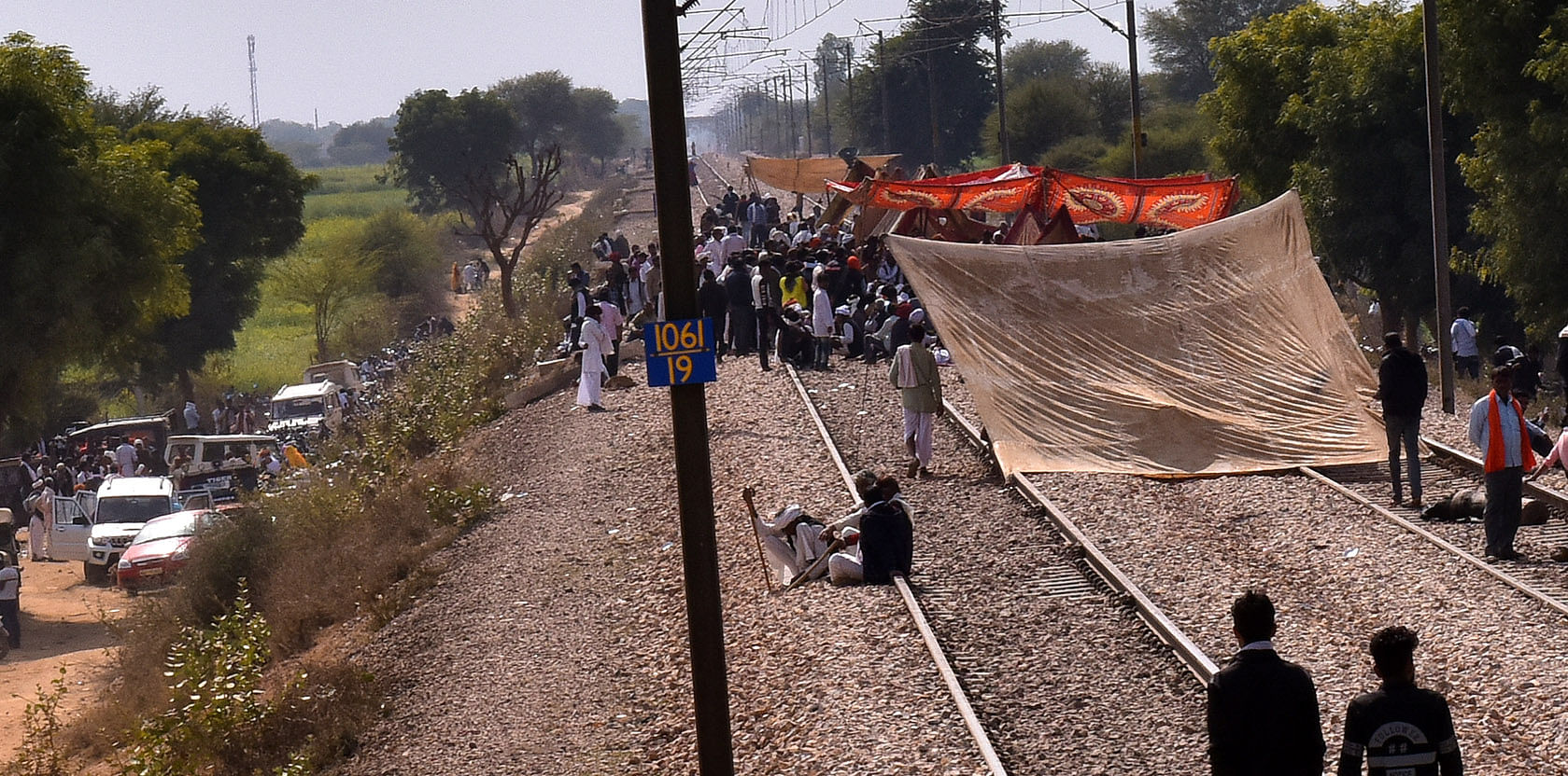 Gujjar protesters sitting on the tracks since the last five days. Photo: Suman Sarkar