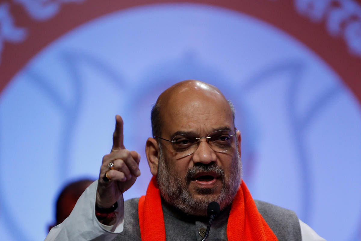 Amit Shah, president of India's ruling Bharatiya Janata Party (BJP) addresses party workers in Ahmedabad, India, February 12, 2019. (REUTERS)