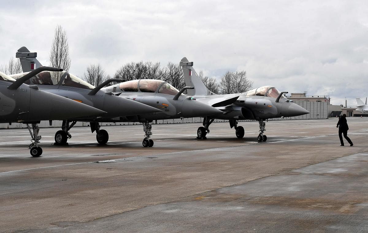 Rafale jets with Qatar's colours during a ceremony for the delivery to Qatar of the first of 36 Rafale multi-purpose jet fighters from French manufacturer Dassault, on February 6, 2019, in Merignac, southwestern France. Qatar took delivery of the first of 36 Rafale multi-purpose jet fighters it has ordered from French manufacturer Dassault. Credit: AFP Photo/Georges Gobet