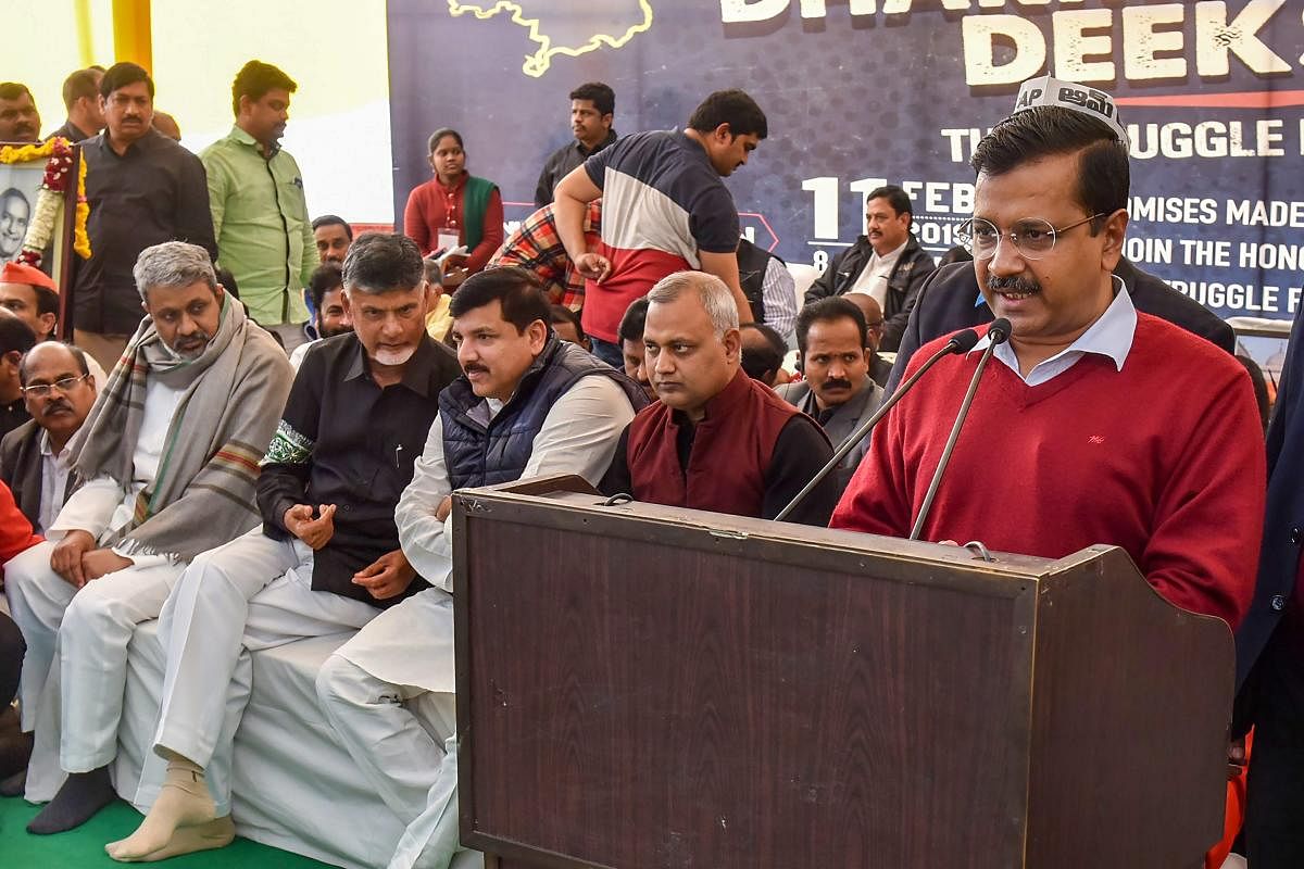 Delhi Chief Minister and AAP leader Arvind Kejriwal addresses during the day-long fast 'Dharma Porata Deeksha' demanding for the special status to the state of Andhra Pradesh, in New Delhi, Monday, Feb. 11, 2019. PTI Photo.