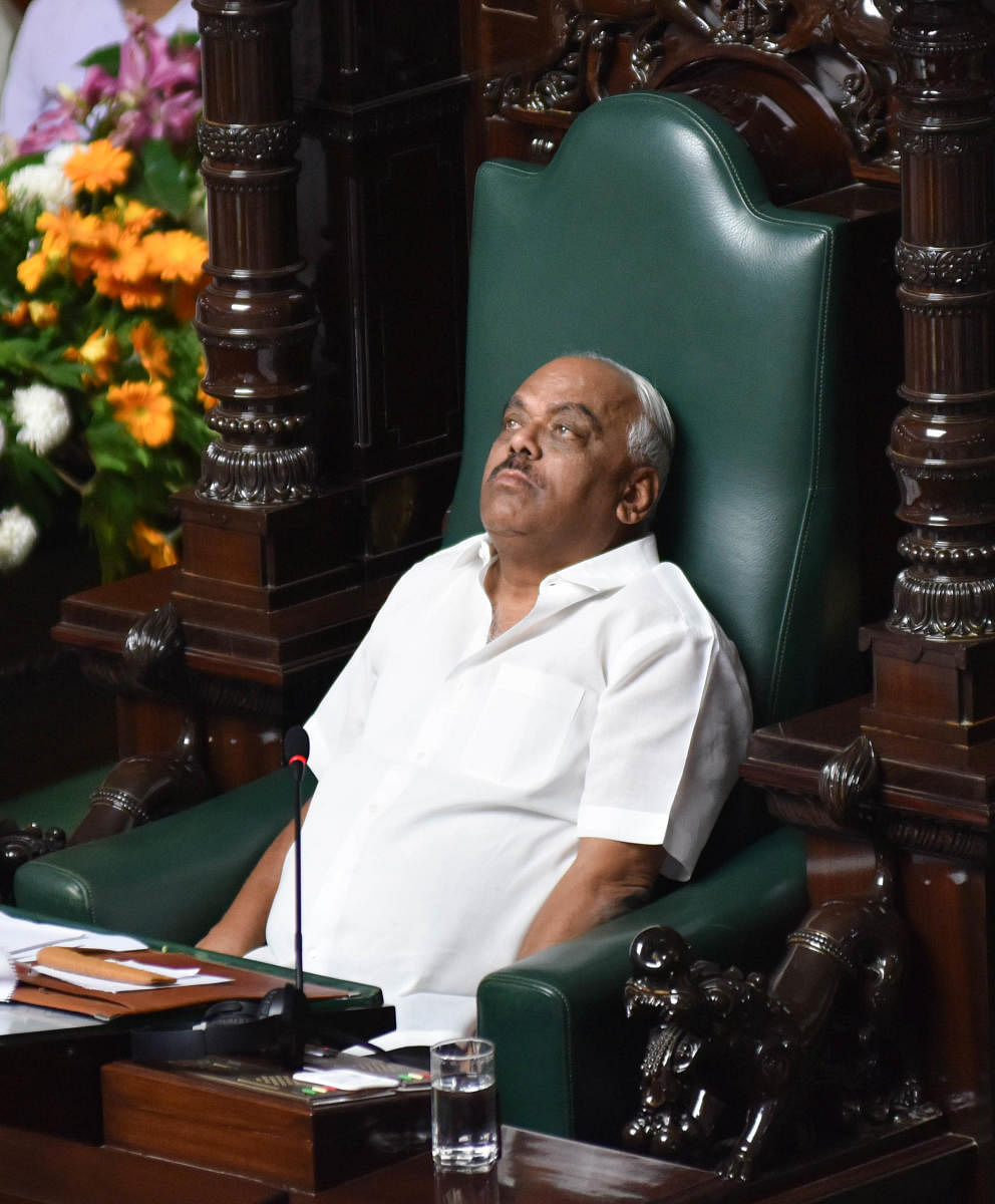 Speaker K R Ramesh Kumar, during a discussion on audiogate, at the Legislative Assembly in Bengaluru on Tuesday. DH Photo