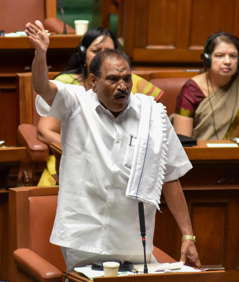 JD(S) member Shivalinge Gowda speaks in the Assembly on Tuesday. dh photo