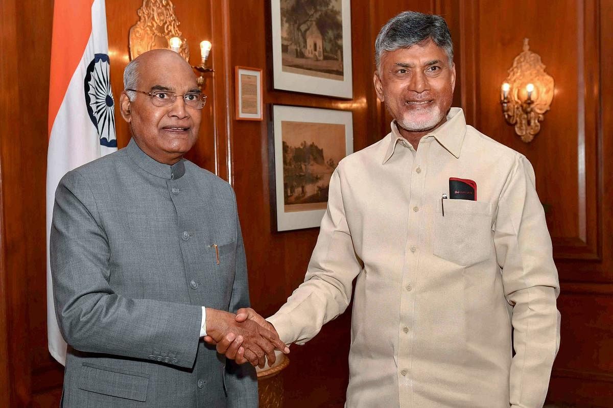 President Ram Nath Kovind meets Andhra Pradesh Chief Minister N Chandrababu Naidu at Rashtrapati Bhavan, in New Delhi, Tuesday, Feb. 12, 2019. (PTI Photo)