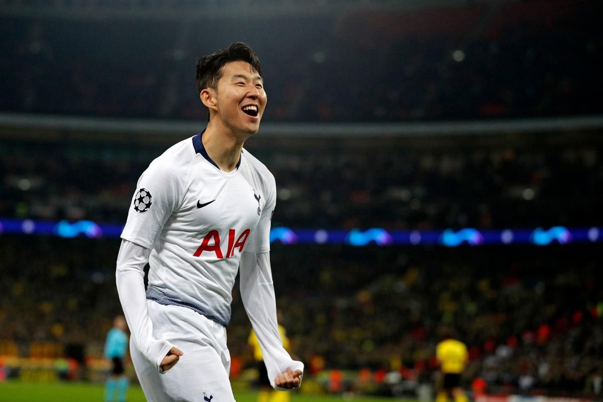 Tottenham Hotspur's Heung-Min Son celebrates after scoring against Borussia Dortmund in London on Wednesday. AFP 
