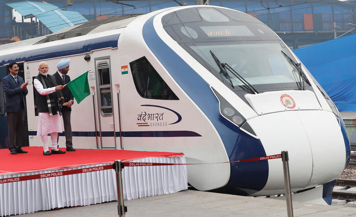 India's Prime Minister Narendra Modi flags off India's fastest train 'Vande Bharat Express' at a ceremony in New Delhi, India on Friday. (REUTERS)