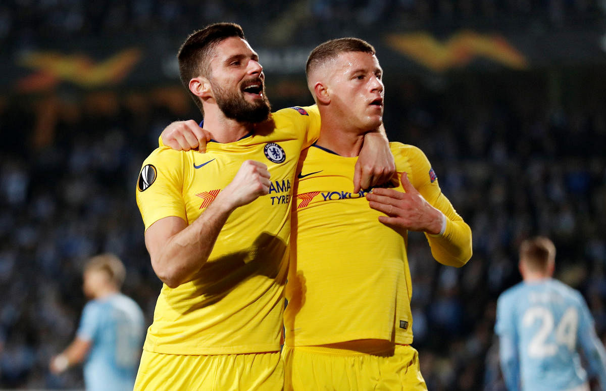 Chelsea's Ross Barkley (right) celebrates after scoring against Malmo FF in the first leg of the last-32 encounter on Thursday. Reuters