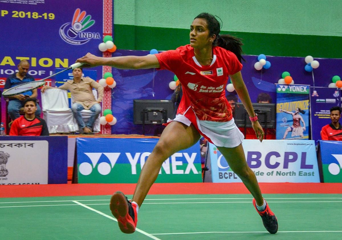 BATTLING WIN: P V Sindhu en route to her win over Ashmita Chaliha in the semifinal of the National Badminton Championships in Guwahati on Friday. PTI