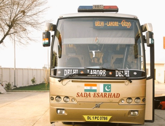 Demanding the scrapping of Indo-Pak bus service in the wake of Pulwama terror attack, members of a right-wing outfit staged a protest by waving their black jackets and T-shirts at a Lahore-bound 'Sada-e-Sarhad' bus on Saturday after their black flags were taken away by the police. File photo 