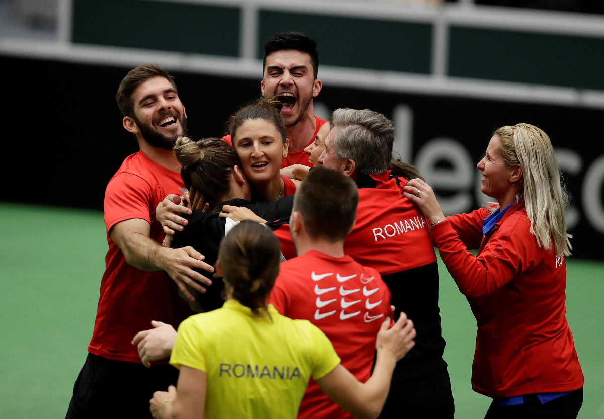 Romania Fed Cup team celebrate their win over Czech Republic in Ostrava on Sunday. REUTERS