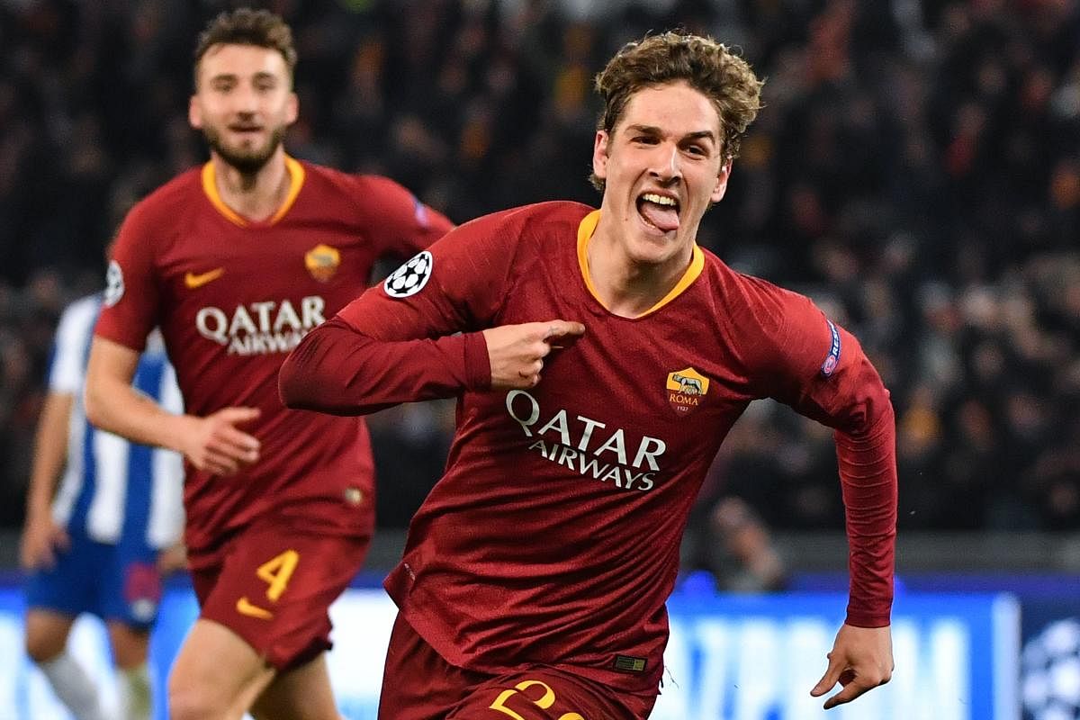 Roma's midfielder Nicolo Zaniolo celebrates after opening the scoring against FC Porto in Rome on Tuesday. AFP