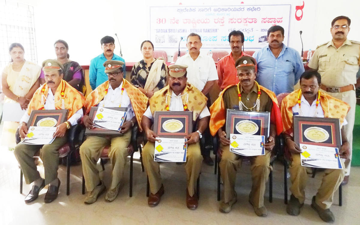 Drivers recognised for accident free driving were felicitated during the National Road Safety Week programme in Madikeri.