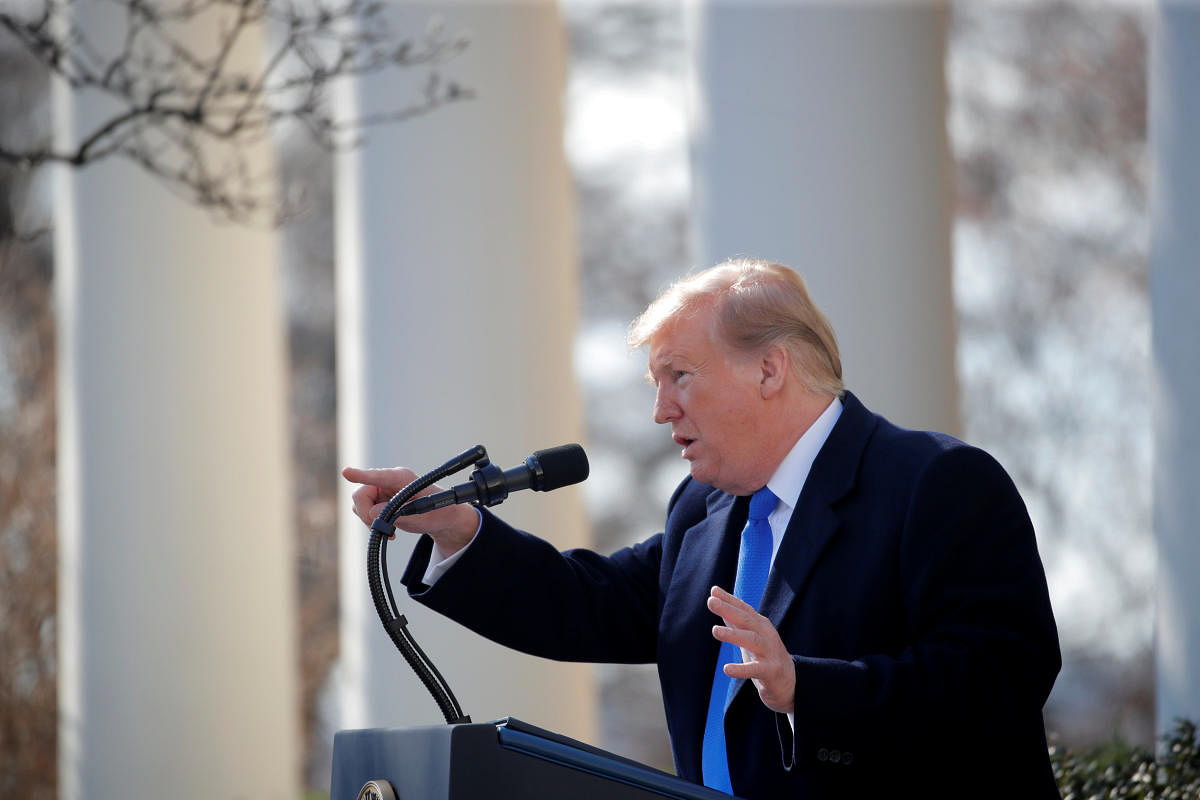 US President Donald Trump declares a national emergency at the US-Mexico border while speaking about border security in the Rose Garden of the White House in Washington on Friday. (REUTERS)