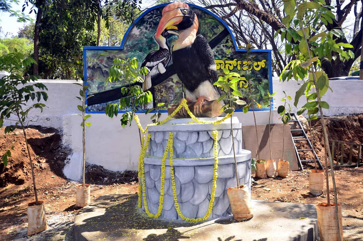 A hornbill artefact attracts visitors at the government timber depot at Dandeli in Uttara Kannada district. dh photo