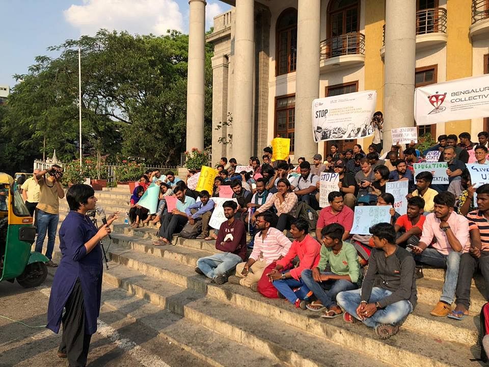 Neenu Suresh, a research scholar of National Law School (NLS) and a member of the Bengaluru Collective addressing the protesters. Event was  organized by The Student Outpost and the Bengaluru Collective at Town Hall in Bengaluru on Saturday evening. 