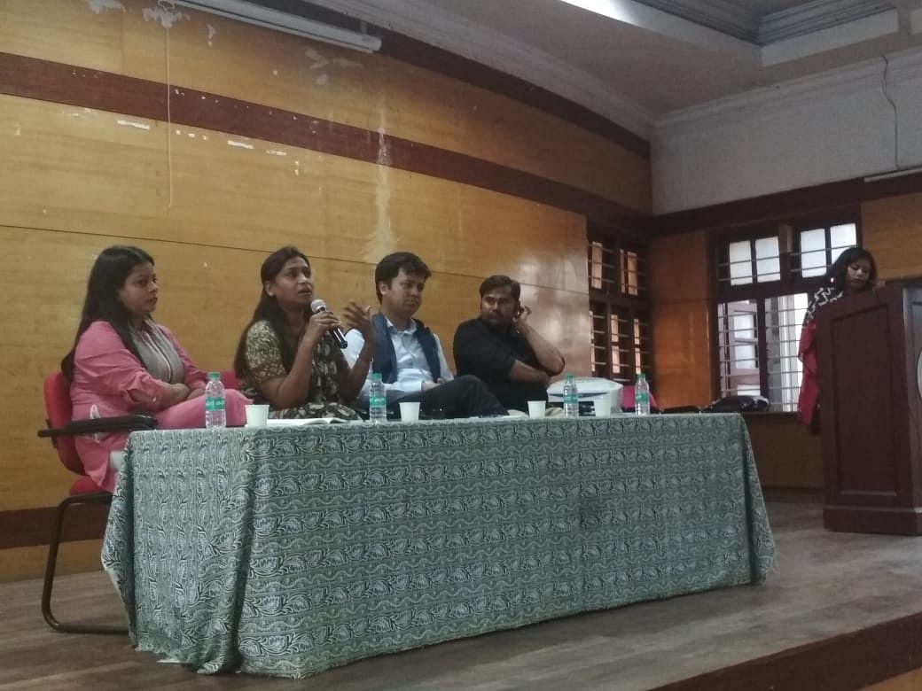  Surabhi Dwivedi from the National Students' Union of India (NSUI), Asha Kotwal of the All India Dalit Mahila Adhikar Manch (AIDMAM), Ashish Chauhan from Akhil Bharatiya Vidyarthi Parishad (ABVP) and Gururaj Desai from the Student Federation of India (SFI) in conversation at Gandhi Bhavan. (L) to (R)