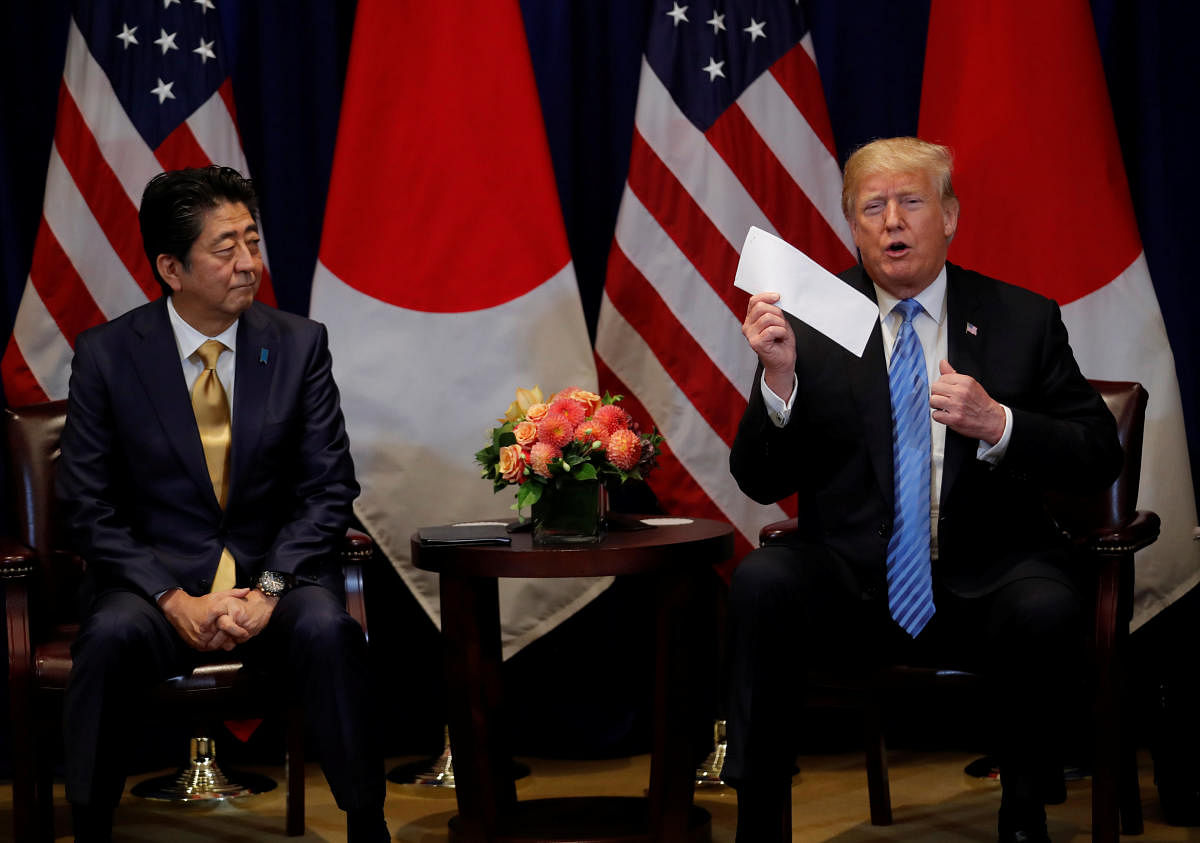 U.S. President Donald Trump and Japan Prime Minister Shinzo Abe during a bilateral meeting on the sidelines of the 73rd session of the United Nations General Assembly in New York, U.S., September 26, 2018. (REUTERS/Carlos Barria)