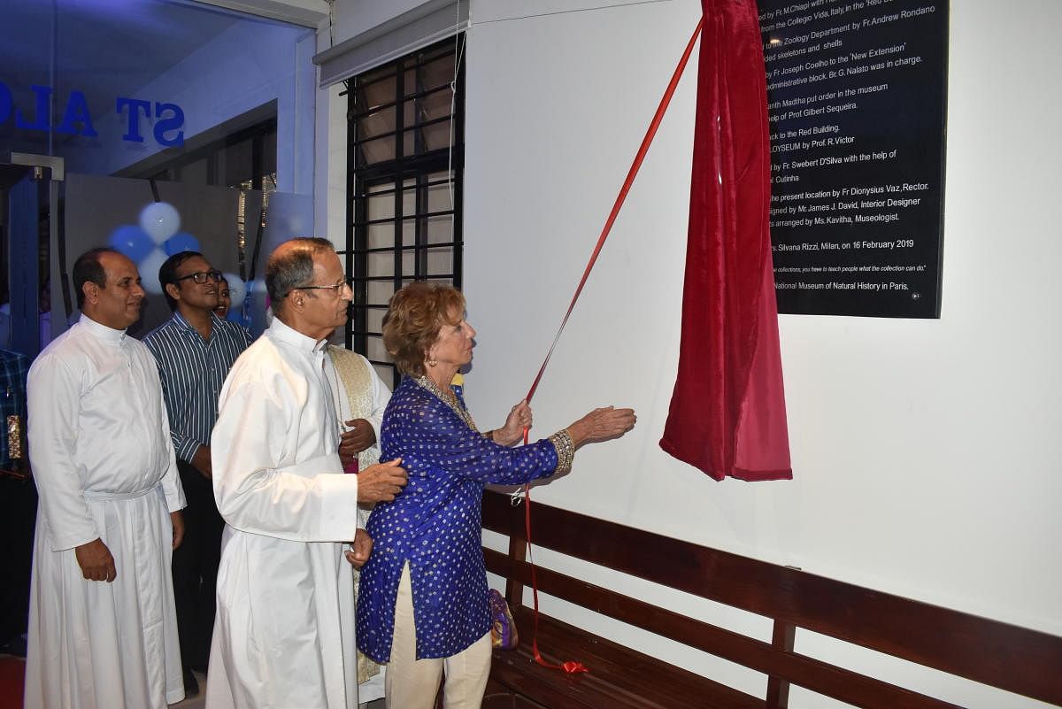 Silvana Rizzi from Italy, a relative of painter Antonio Moscheni, inaugurates the restored paintings at St Aloysius Chapel in Mangaluru on Saturday.
