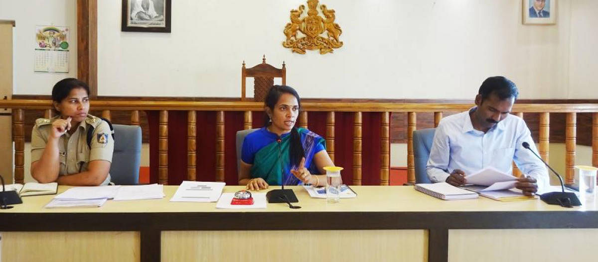 Deputy Commissioner Annies Kanmani Joy speaks during the meeting of polling booth sector officials at DC’s office hall in Madikeri on Sunday.