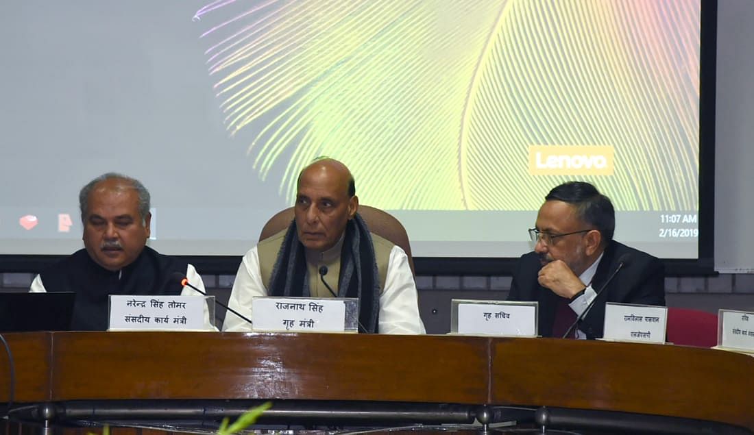 Rajnath Singh chairing a meeting of floor leaders of political parties in both the houses of parliament, in New Delhi on Saturday, February 16, 2019 to hold consultations in the wake of the Pulwama attack. Photo: MHA