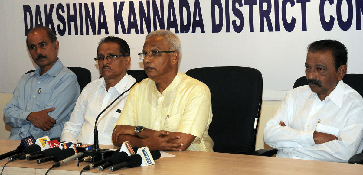 Former MLA J R Lobo (2nd from right) addresses a press meet in Mangaluru on Tuesday.