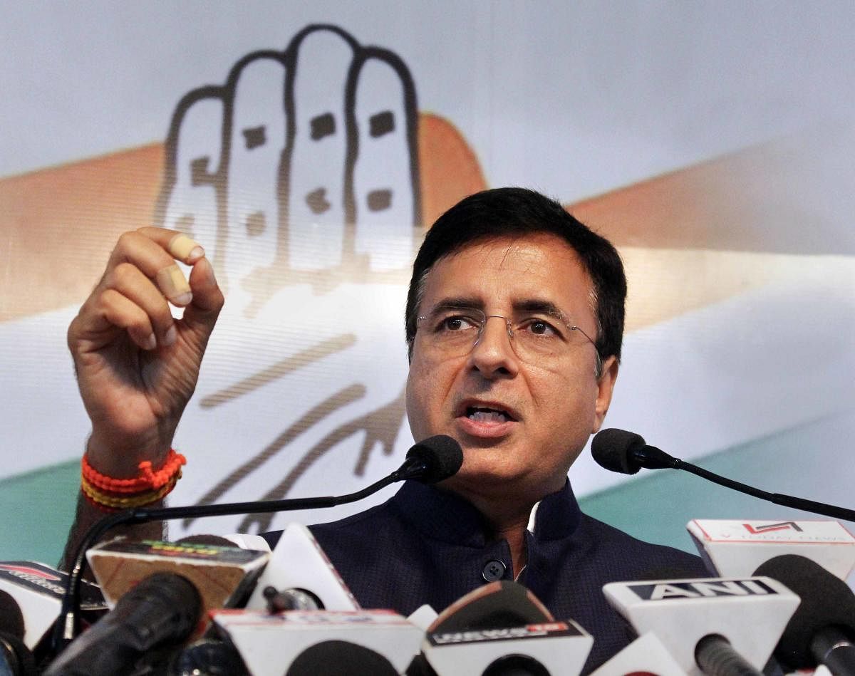 Bhopal: Congress spokesperson Randeep Singh Surjewala addresses a press conference in connection with the upcoming state assembly election, at MPCC office in Bhopal, Friday, Oct 12, 2018. (PTI Photo) (PTI10_12_2018_100047B)