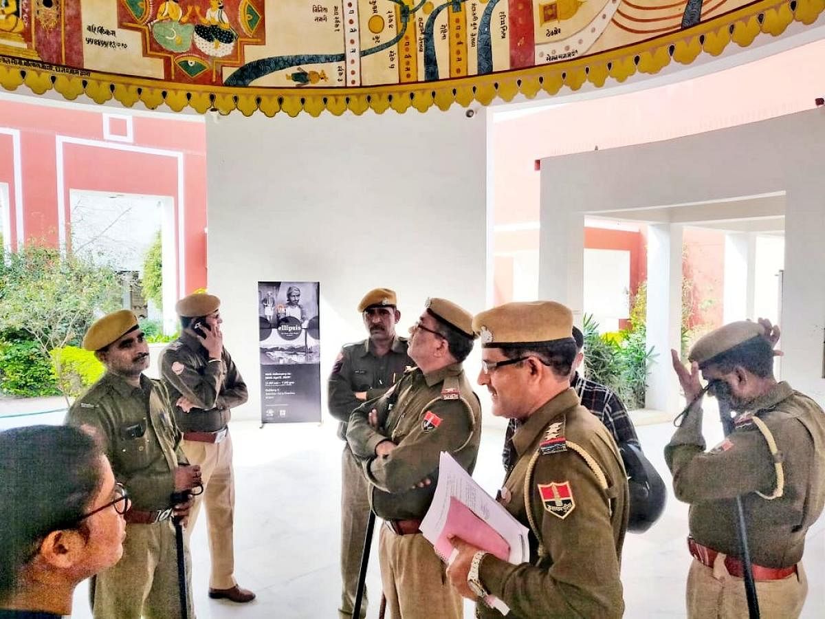 Police at the main dorm of Jawahar Kala Kendra after the protest against the play took place. (Photo by Suman Sarkar)