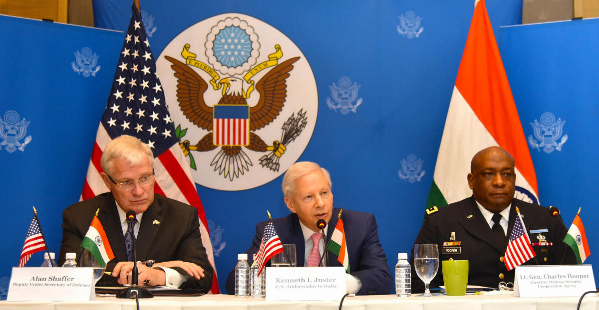 (Left to right) US Deputy Under Secretary of Defence Alan Shaffer, US Ambassador Kenneth Juster, and Lieutenant General Charles Hooper speak about the US participation in Aero India on Tuesday.