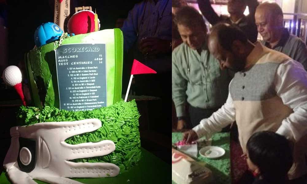 EVENING TO REMEMBER G R Viswanath cuts a bat-shaped cake to mark his 70th birthday as Sunil Gavaskar and former Karnataka batsman Raghunath Beerala look on in Bengaluru on Tuesday. DH Photos