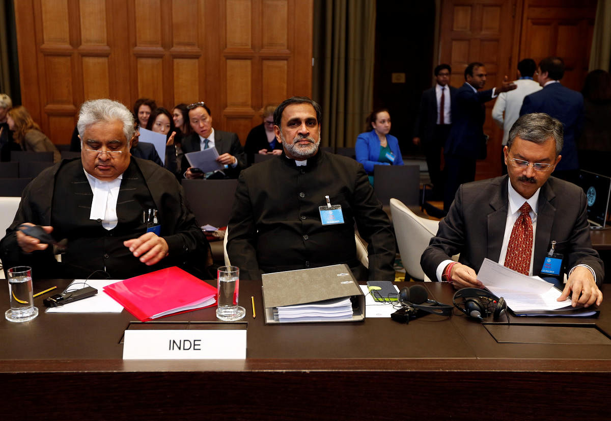 Attorney Anwar Mansoor Khan, Pakistani foreign office spokesperson Mohammad Faisal and Queen's Counsel Khawar Qureshi are seen at the International Court of Justice during the final hearing of the Kulbhushan Jadhav case in The Hague, the Netherlands, February 18, 2019. (REUTERS)