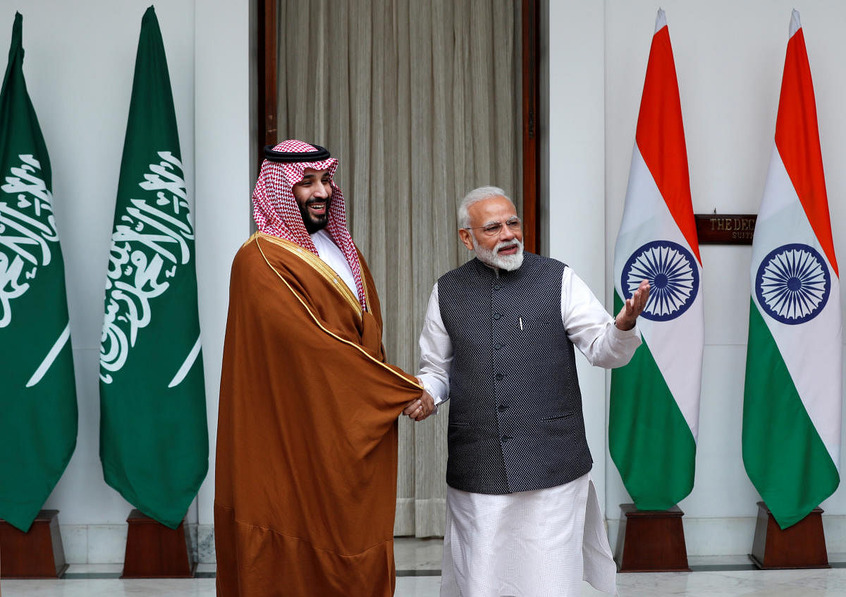 Saudi Crown Prince Mohammed bin Salman shakes hands with Indian Prime Minister Narendra Modi in New Delhi, India, February 20, 2019. REUTERS