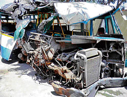 The mangled remains of the BMTC bus that rammed the pole of a skywalk near Tin Factory in KR Puram, on Tuesday. KPN