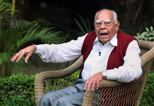 BJP member and noted lawyer Ram Jethmalani talking to the media in New Delhi on Tuesday. PTI Photo by Kamal Singh