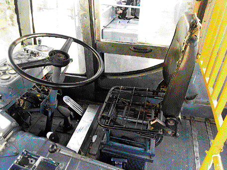 The rickety driver's seat in a BMTC bus.