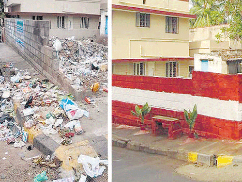 The dumping zone (left) at NR Colony was cleared up and (right) rebuilt by The Ugly Indian volunteers with the help of the BBMP sanitation workers.