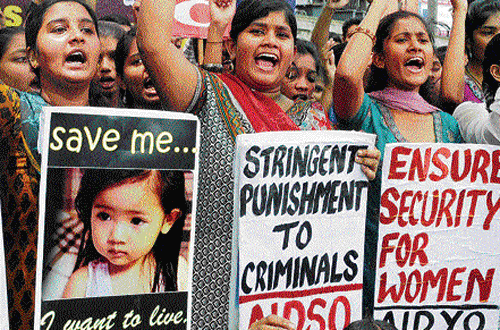 Hundreds of socio-political activists and parents Friday staged a massive demonstration against a private school in the city's eastern suburb where a six-year-old girl student was allegedly raped twice this week by a teacher. DH file photo for representational purpose only