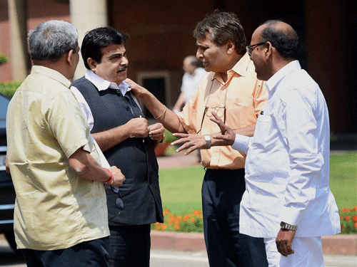 nion Ministers Manohar Parrikar, Nitin Gadkari, Suresh Prabhu and Anant Geete after the Cabinet meeting at Parliament House in New Delhi on Tuesday. PTI Photo
