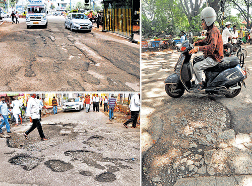 (Clockwise from top left) Potholes on Cubbon park road, SBM Circle and Gandhinagar (near Subedar Chatram road). DH PHOTO