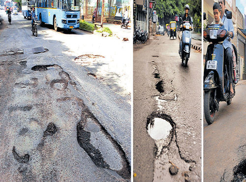 SAME OLD STORY: (From L to R) Potholes on Railway Parallel Road at Okalipuram, Sankey Road (near BDA flyover) and in Kempegowda Nagar of Dasarahalli. DH PHOTOS